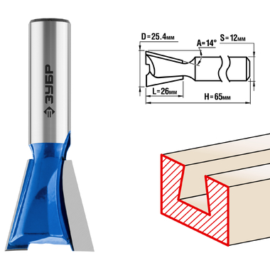 Фреза пазовая фасонная Ласточкин Хвост ПРОФЕССИОНАЛ (25.4х26х65 мм; угол 14 градусов; хвостовик 12 мм) Зубр 28748-25.4