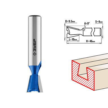 Фреза пазовая фасонная Ласточкин хвост ПРОФЕССИОНАЛ (9.5х13х46 мм; угол 9 градусов; хвостовик 8 мм) Зубр 28748-9.5