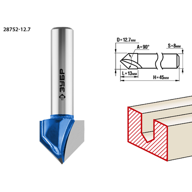 Фреза пазовая галтельная V-образная ПРОФЕССИОНАЛ (12.7х13х45 мм; 90 градусов; хвостовик 8 мм) Зубр 28752-12.7