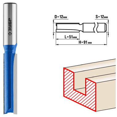 Фреза пазовая прямая удлиненная ПРОФЕССИОНАЛ (12х51х91 мм; хвостовик 12 мм) Зубр 28754-12-51