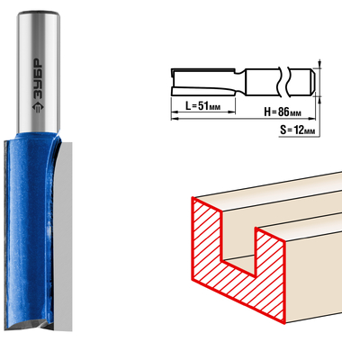 Фреза пазовая прямая с нижними подрезателями ПРОФЕССИОНАЛ (19х51х86 мм; хвостовик 12 мм) Зубр 28755-19-51