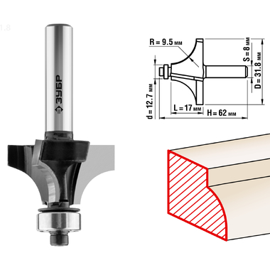 Фреза кромочная калевочная ПРОФЕССИОНАЛ №1 (31.8х17х62 мм; R9.5 мм; хвостовик 8 мм) Зубр 28784-31.8