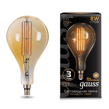Лампа Gauss LED Vintage Filament A160 8W E27 160х300mm Golden 780lm 2400K 149802008
