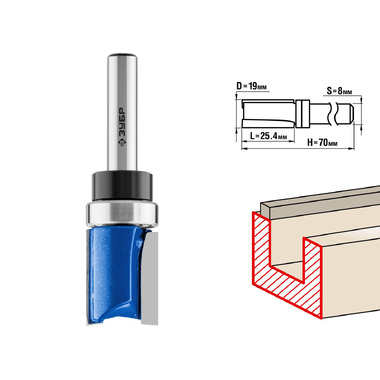 Фреза пазовая прямая с верхним подшипником ПРОФЕССИОНАЛ (19х70 мм; хвостовик 8 мм; ВК 6) Зубр 28756-19-26