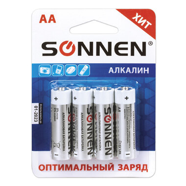 Батарейки SONNEN Alkaline, АА алкалиновые, 4 шт., в блистере, 451085