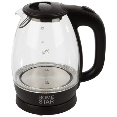 Чайник HomeStar HS-1012 1.7 л, стекло/пластик, черный 003567