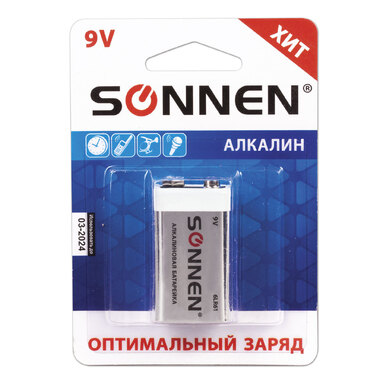 Батарейка SONNEN Alkaline, Крона алкалиновая, 1 шт., в блистере, 451092