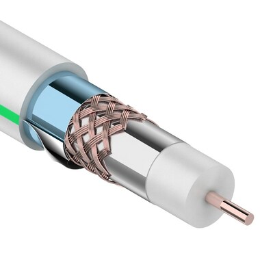 Коаксиальный кабель REXANT RG-6U+Cu, 75 Ом, Cu/Al/Cu/Al, 90%, две фольги, бухта 100 м, белый 01-2241