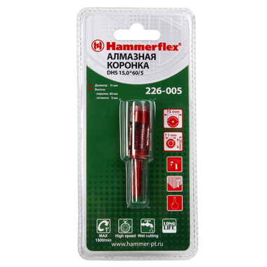 Алмазная трубчатая коронка Hammer Flex 226-006 DHS 18,0*60/5 A3, алмаз 60Р, керамогранит