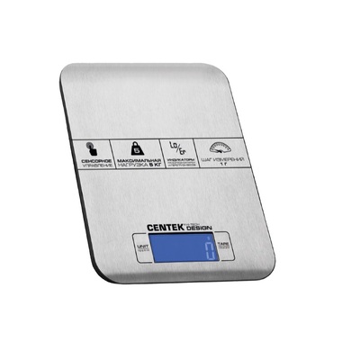 Кухонные весы Centek сталь, сенсор, LCD- 59х27 с подсветкой, t в комнате, max 5кг, шаг 1г CT-2464