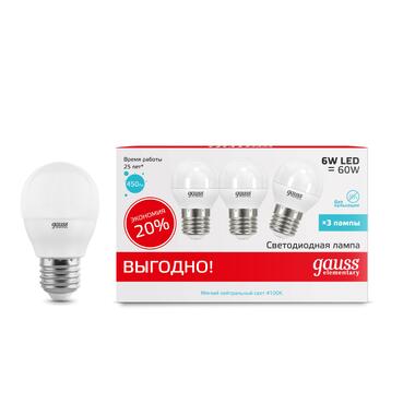 Лампа Gauss LED Elementary Globe 6W E27 4100K 1/40 3 лампы в упаковке SQ53226T