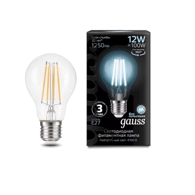 Лампа GAUSS Filament А60 12W 1250lm 4100К Е27 LED 1/10/40 102902212