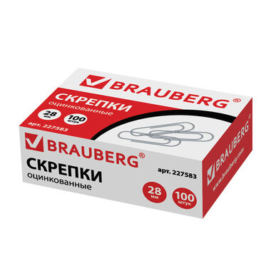 BRAUBERG Скрепки , 28 мм, оцинкованные, 100 шт., в картонной коробке, 10 шт, 227583