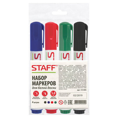 Маркеры STAFF для доски, набор 4 шт., ассорти черный, синий, красный, зеленый, с клипом, круглые, 5 мм, 151495