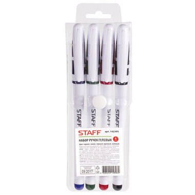 Гелевые ручки STAFF с грипом, набор 4 шт., ассорти, белый корпус, 0,5мм, 142395