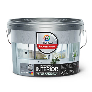 Латексная краска Profilux Professional INTERIOR МОЮЩАЯСЯ, ВД, для стен и потолков 2,5 кг Н0000005770 ПРОФИЛЮКС