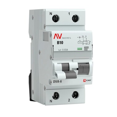 Дифференциальный автомат EKF DVA-6 1P+N 10А 30мА 6кА AVERES rcbo6-1pn-10B-30-a-av