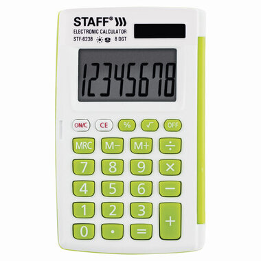 Карманный калькулятор STAFF STF-6238, 8 разрядов, двойное питание, белый с зелёными кнопками, 250283