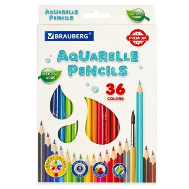 Цветные карандаши BRAUBERG PREMIUM AQUARELLE акварельные, 36 цветов, грифель мягкий 4 мм 181674