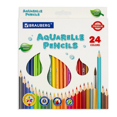 Цветные карандаши BRAUBERG PREMIUM AQUARELLE акварельные, 24 цвета, грифель мягкий 4 мм 181673