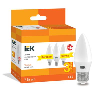 Лампа IEK LED C35 свеча 7Вт 230В 3000К E14 3шт/упак LLE-C35-07-230-30-E14-3