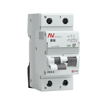 Дифференциальный автомат EKF DVA-6, 1P+N, 16А, 30мА, 6кА, AVERES, SQ rcbo6-1pn-16B-30-a-av