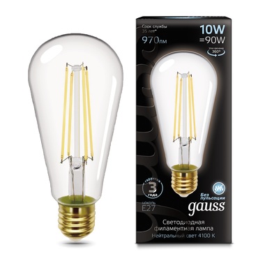 Лампа Gauss Filament ST64 10W 970lm 4100К Е27 LED 1/10/40 157802210