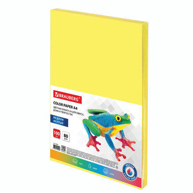 Цветная бумага BRAUBERG А4, 80г/м, 100 листов, медиум, желтая, для офисной техники 112454