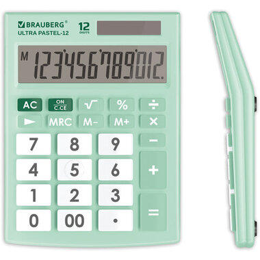 Настольный калькулятор BRAUBERG ULTRA PASTEL-12-LG 192x143 мм, 12 разрядов, мятный, 250504