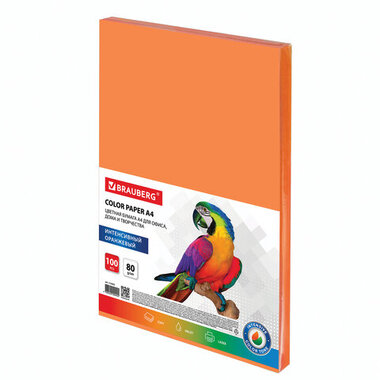 Цветная бумага BRAUBERG А4, 80г/м, 100 листов, интенсив, оранжевая, для офисной техники 112452