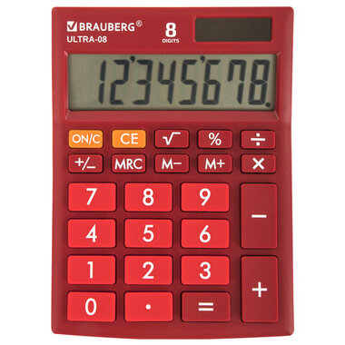 Настольный компактный калькулятор BRAUBERG ULTRA-08-WR, 154x115 мм, 8 разрядов, бордовый, 250510
