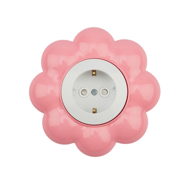 Одноместная розетка KRANZ Цветок с заземлением и защитными шторками, белая/розовая KR-78-0625