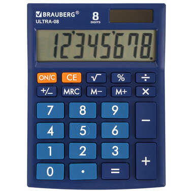 Настольный компактный калькулятор BRAUBERG ULTRA-08-BU, 154x115 мм, 8 разрядов, синий, 250508