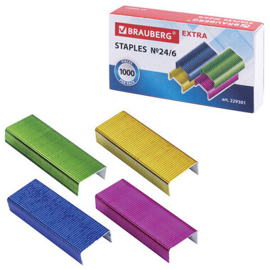 Скобы для степлера 20 шт в упаковке BRAUBERG цветные №24/6 1000 штук EXTRA до 30 листов 229301