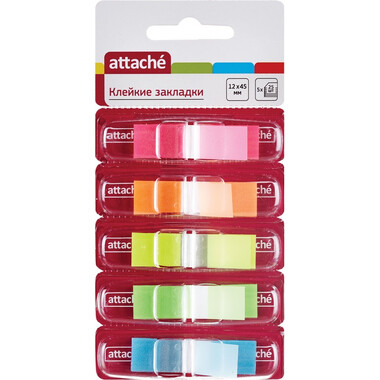 Пластиковые клейкие закладки 24 шт в упаковке Attache PET-01 5 цветов по 25 листов 12х45 мм 166746