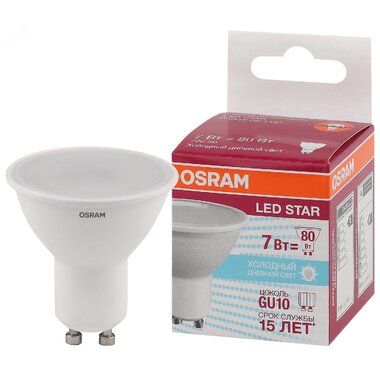 Светодиодная лампа OSRAM LED STAR, PAR16, 7Вт, GU10, 700 Лм, 6500 К, холодный белый свет 4058075481558