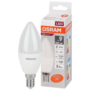 Светодиодная лампа OSRAM LED Value, B, E14, 560Лм, 7Вт, замена 60Вт, 3000К, теплый белый свет 4058075578883