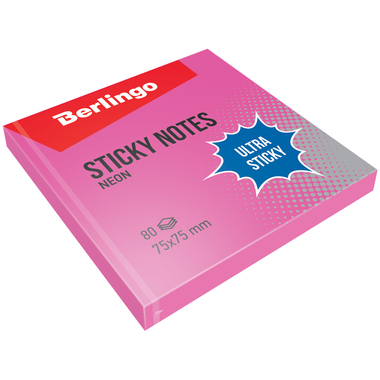 Самоклеящийся блок BERLINGO Ultra Sticky 75x75 мм, 80 листов, розовый неон LSn_39203