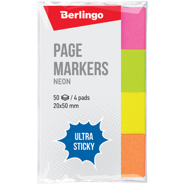 Флажки-закладки Berlingo Ultra Sticky 20х50 мм, 50 листов, 4 неоновых цвета LSz_41002