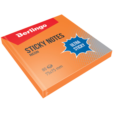 Самоклеящийся блок BERLINGO Ultra Sticky 75x75 мм, 80 листов, оранжевый неон LSn_39204