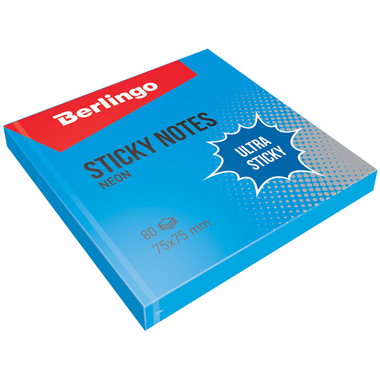 Самоклеящийся блок BERLINGO Ultra Sticky 75x75 мм, 80 листов, синий неон LSn_39202