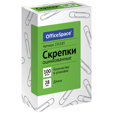 Скрепки OfficeSpace 28 мм, 100 шт, оцинкованные, картонная упаковка 231183 OFFICE SPACE