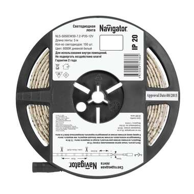 Светодиодная лента Navigator 71 766 NLS-5050CW30-7.2-IP20-12V R5 7.2Bт/м, упаковка 5м 19425 406838