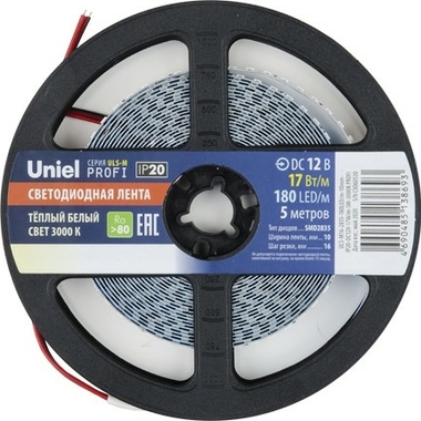 Светодиодная лента Uniel 2835-180LED/m-10mm-IP20-DC12V-17W/m-5M-3000K PROFI катушка в герметичной упаковке UL-00007639