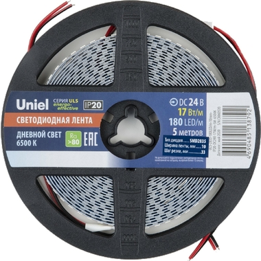 Светодиодная лента Uniel 180LED/m-10mm-IP20-DC24V-17W/m-5M-6500K катушка в герметичной упаковке UL-00007644