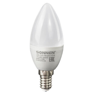 Светодиодная лампа SONNEN 7 Вт, цоколь Е14, свеча, теплый белый свет, LED C37-7W-2700-E14, 453711