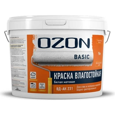 Акриловая интерьерная краска OZON ВД-АК 231 (влагостойкая; белая; 9 л; 14 кг) ВД-АК-231-14