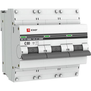 Автоматический выключатель EKF PROxima 3P 80А C 10kA ВА 47-100M с электромагнитным расцепителем mcb47100m-3-80C-pro