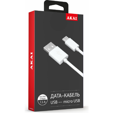 Дата-кабель AKAI microUSB, 1м, 1,5А, белый CE-453W