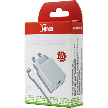 Сетевое зарядное устройство Mirex U16i, 1хUSB-А, 2.4А + кабель AM-8pin 1 м, белый 13701-U16iWH